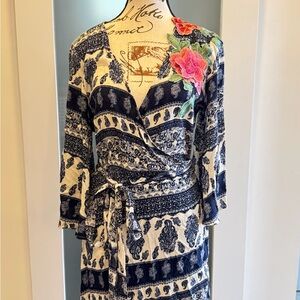 Aratta Navy and Cream Floral Long Sleeve Dress